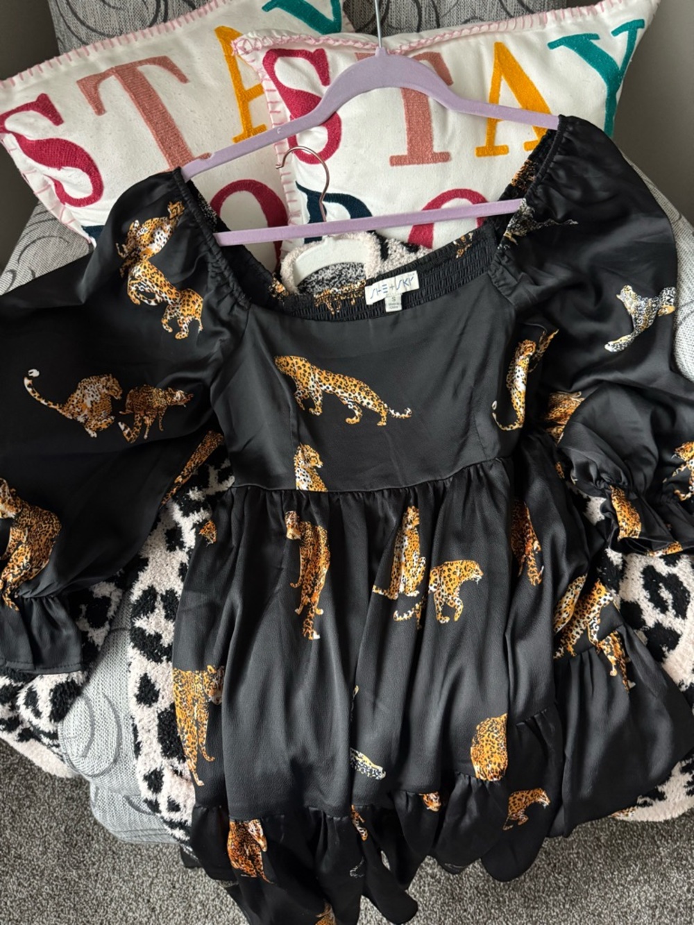 Black Satin Leopard Print Puff Sleeve Dress
